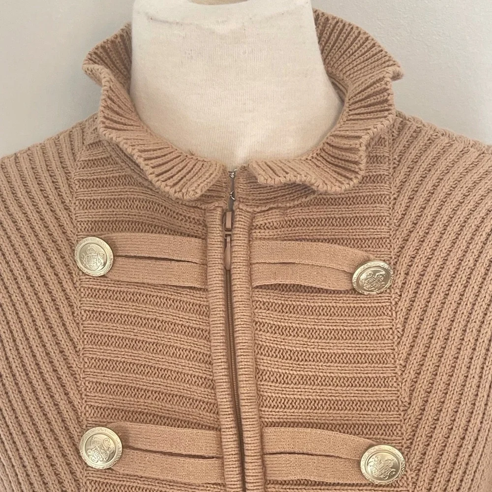 ROAMANS Womens Military Style Cardigan Sweater Beige Ruffle Collar Buttons‎